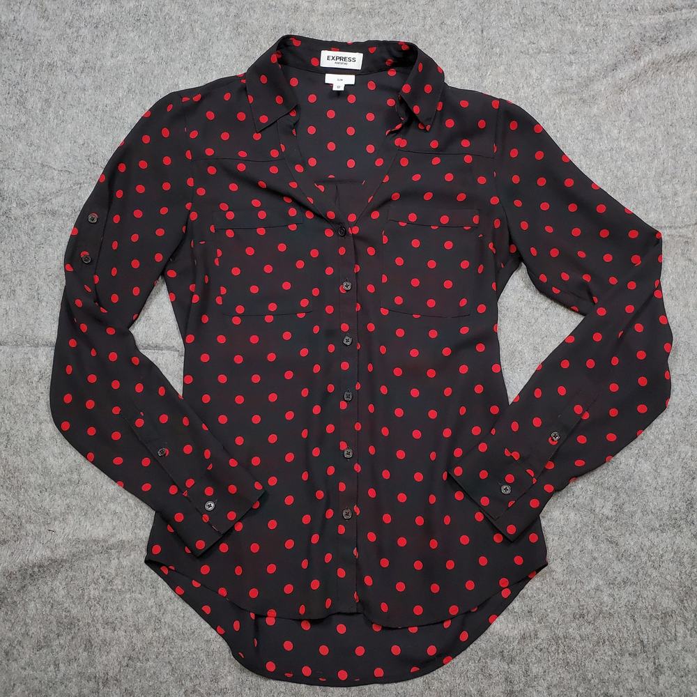 Express Top‎ Womens Extra Small Slim Portofino Polka Dot Roll Tab Office Career